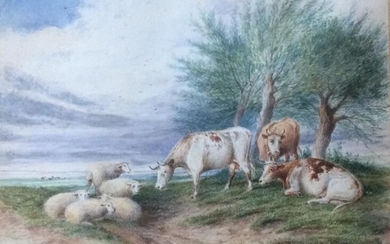 Thomas Sydney Cooper, watercolour, cows & sheep in extensive...