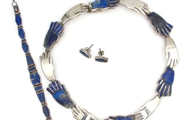 Three Piece Signed Sterling Silver Sodalite Hand Necklace Bracelet Earrings