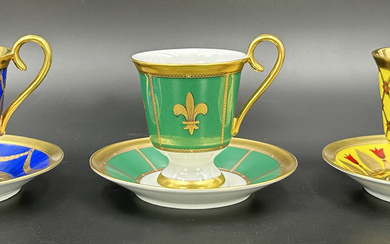 Three collectible cups with saucers. Höchst. Fabergé decoration.