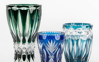 Three cut and coloured crystal vases, the largest signed Val Saint Lambert. (H:28 x D:16 cm)