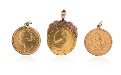 Three gold coin pendants, an 1866 Sydney Mint Sovereign, a...
