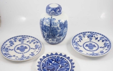 Three transferware plates and a ginger jar