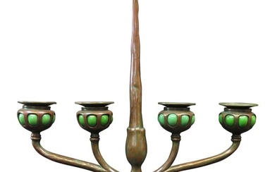 Tiffany Studios Four Place Candelabra with Blown Out Green Glass Candleholders