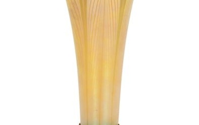 Tiffany Studios "Pulled Feather" Vase, Favrile Glass & Gilt Bronze