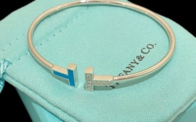 Tiffany T Diamond and Turquoise Wire Bracelet in 18k White Gold
