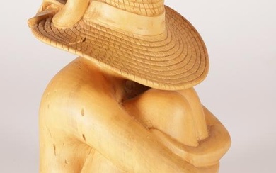 Timothy Herlocker Carved Wood Seated Female Wearing a Sun Hat