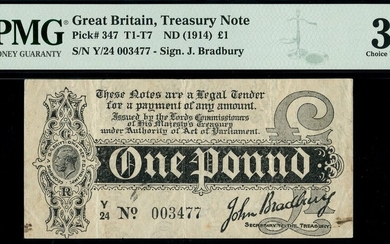 Treasury Series, John Bradbury, first issue £1, ND (7 August 1914), serial number Y/24 003477,...