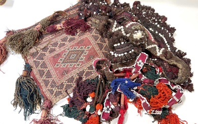 Turkoman Koran bag, and two camel headdresses