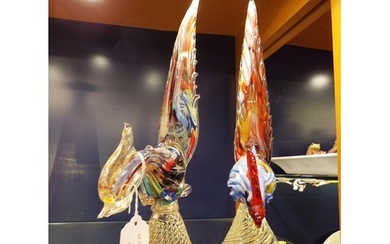 Two Murano art glass cockerels