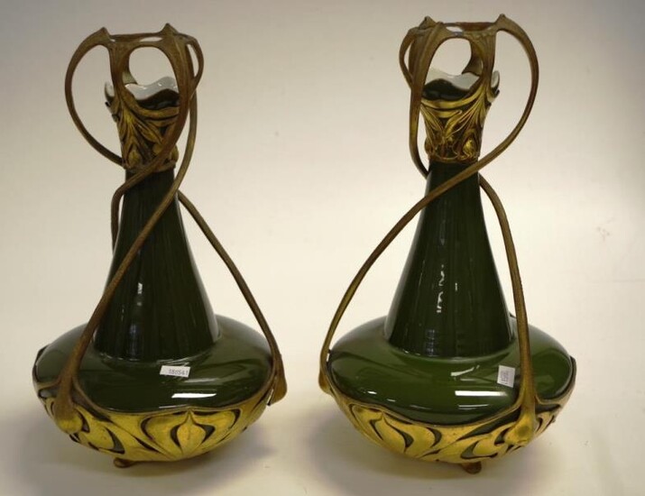Two Nuremberg art nouveau gilt metal mounted vases height...