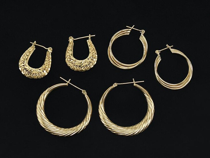 Two Pairs of 14 Karat Yellow Gold Hoop Earrings.