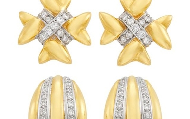 Two Pairs of Gold and Diamond Earrings and Earclips