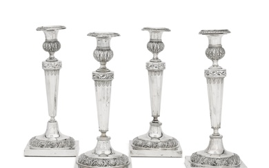 Two matched pairs of Belgian and Dutch silver candlesticks, early...
