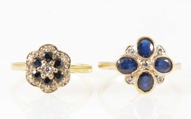 Two sapphire and diamond circular cluster rings.
