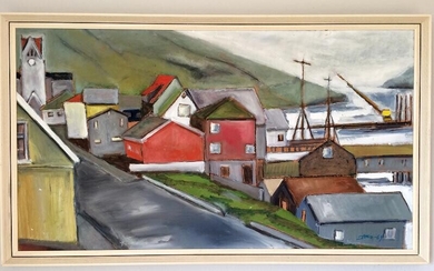 SOLD. Unknown painter, 20th century: Veiw from Faroe Islands. Signed monogram 69. Oil on masonite. Frame size 50 x 101 cm. – Bruun Rasmussen Auctioneers of Fine Art