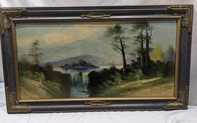 Unsigned 1920s Waterfall Landscape Painting on Board