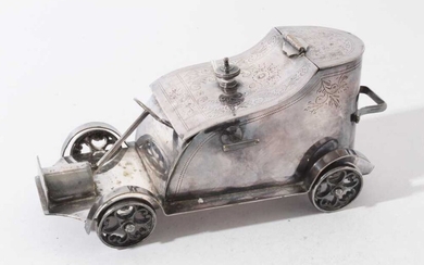 Unusual early 20th century novelty silver plated biscuit box in the form of a vintage car, base stamped Superior Electro Plated, Made in England, 19cm in overall length