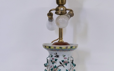 Vase balustre en porcelaine à décor polychrome d'un paon et divers d'oiseaux entourés de pivoines...