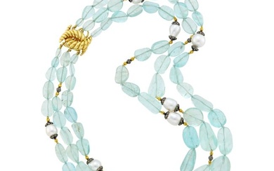 Verdura Triple Strand Aquamarine Bead, Gold, Silver, Baroque Cultured Pearl and Diamond Necklace