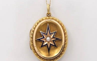 Victorian 15K Gold, Pearl Enamel Starburst Buckle Motif Locket, Antique Pendant