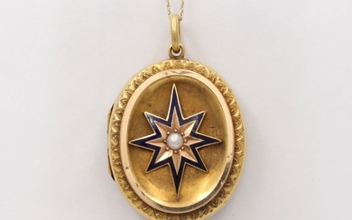 Victorian 15K Gold, Pearl Enamel Starburst Buckle Motif Locket, Antique...