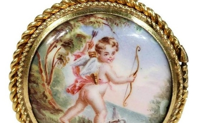 Victorian Gold Locket Hand Painted Enamel Cherub