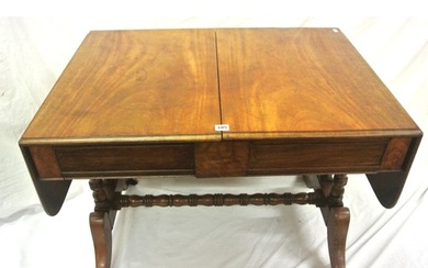 Victorian mahogany sofa table with drop leaves, pull-out sup...