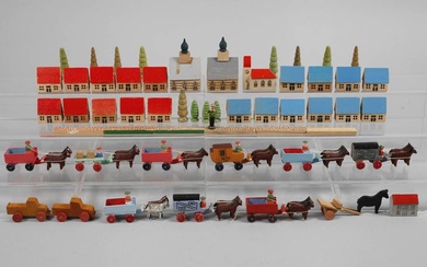 Village miniature de l'Erzgebirge Seiffen, vers 1980, deux fois estampillé Made in GDR, bois scié,...