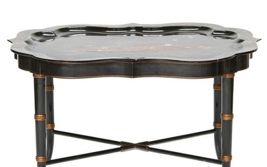 Vintage Black Chinoiserie Lacquered Shaped Top Coffee Table