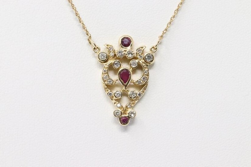 Vintage Diamond & Ruby 14K Yellow Gold Pendant Necklace