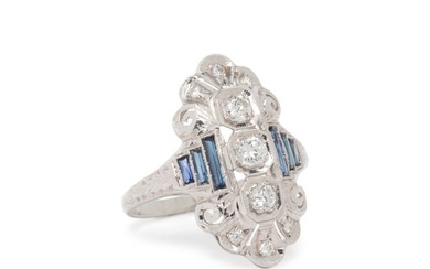 WHITE GOLD, DIAMOND AND SYNTHETIC SAPPHIRE RING