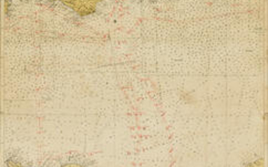 WORLD WAR II, D-DAY: CHART OF THE ENGLISH CHANNEL MARKING THE MINE SWEPT SEA CHANNELS to THE BEACHES OF NORMANDY.