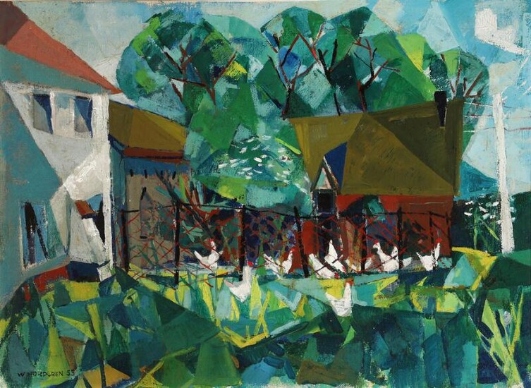 SOLD. Walter Nordgren: Garden view with chickens. Signed W. Nordgren 53. Oil on canvas. 47 x 65 cm. – Bruun Rasmussen Auctioneers of Fine Art