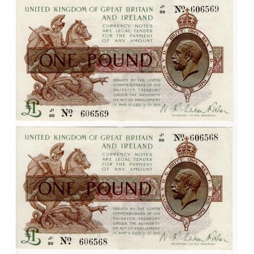 Warren Fisher 1 Pound (2) issued 1923, a very rare conecutiv...