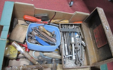 Wesco Oil Can, spanners, hand drill, Moore & Wright rule, ha...