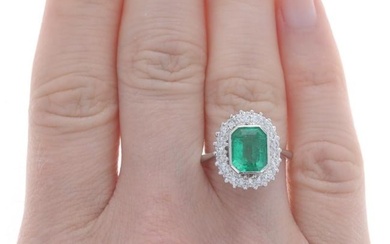 White Gold Emerald & Diamond Vintage Halo Ring - 18k Emerald Cut 2.47ctw