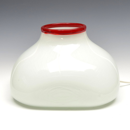 White glass table lamp with red glass rim,...