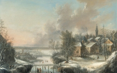Winter landscape with skaters on a frozen river