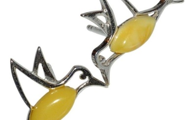 Yellow Baltic Amber Sterling Silver Hummingbird Earrings