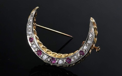 Yellow and white gold 585 half moon pin with diamonds (total approx. 0.35ct/P1/TCR-CR) and rubies (total approx. 0.25ct), 7g, l. 3.3cm, clasp bent, 1x diamond damaged