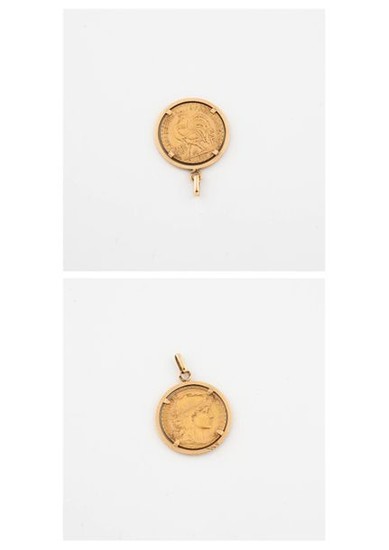 Yellow gold pendant (750) holding a 20 gold...