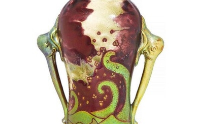 Zsolnay, a good Eosin glazed ceramic vase with twin elephant-head...