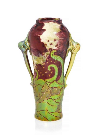 Zsolnay, a good Eosin glazed ceramic vase with twin elephant-head...