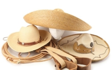 La Perlade Occidente Sombrero, Bentwood Stirrups, Lasso Rope and Straw Hats