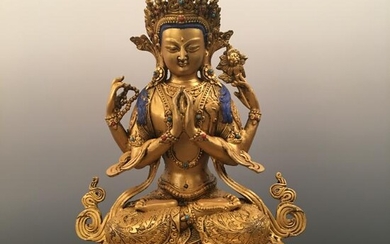 Chinese Gilt Bronze Shadakshari Lokeshvara Figure