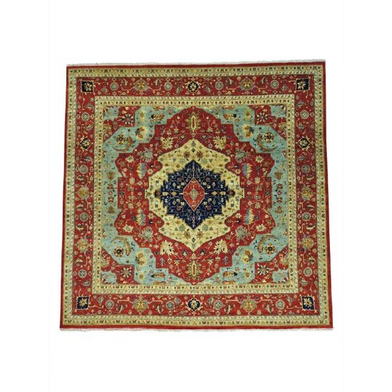Square Antiqued Heriz Pure Wool Hand Knotted Oriental