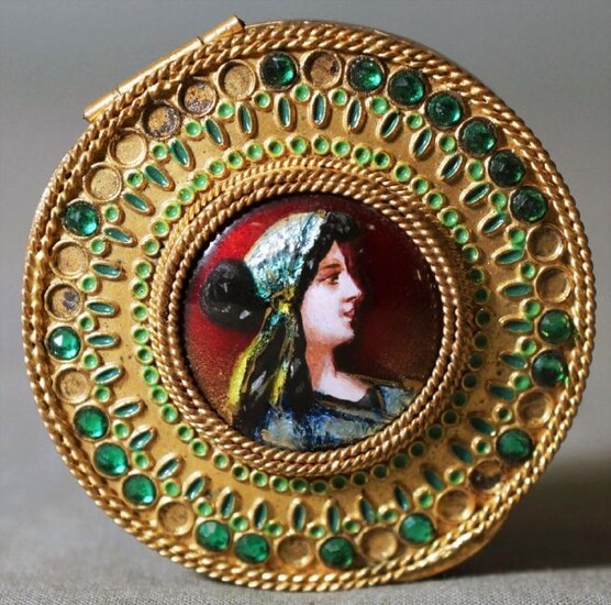 Antique French Compact With Enameled Copper Portrait