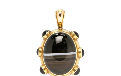 Antique Gold and Banded Agate Pendant, inscribed and dated 1871, reverse with glass compartment, lg. 2 1/8, wd. 1 3/8 in.