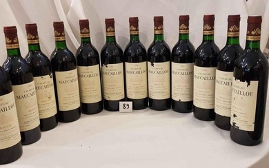 12 bottles château MAUCAILLOU 1986 MOULIS Beautiful presentation for 8 and 4 damaged labels. 3 low necks.