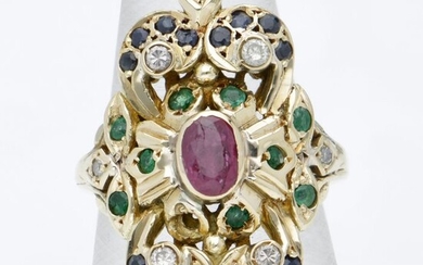 14 kt. Gold - Ring Ruby - 0.14 ct. Diamond, Sapphire, Emerald